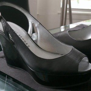 Audrey Brooke Peep Toe Black and Patent Leather Wedge 7.5M